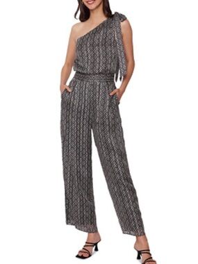 NWT Anthropologie Lost + Wander  Mira Black & Ivory Multi One Shoulder Jumpsuit